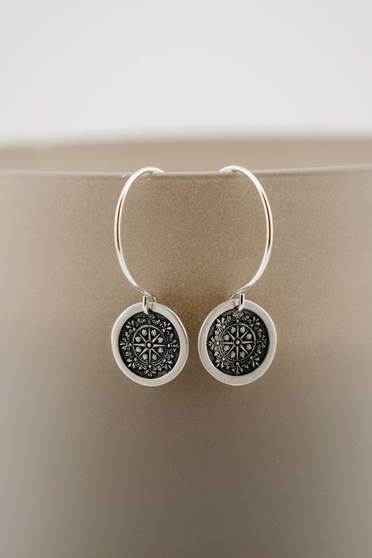 Earrings, Engraved Round Compass Earrings