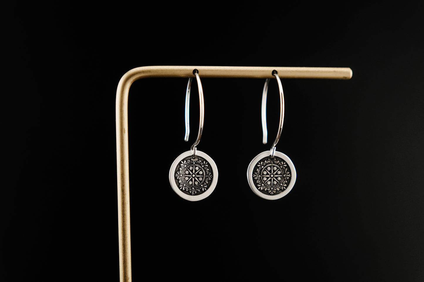 Earrings, Engraved Round Compass Earrings