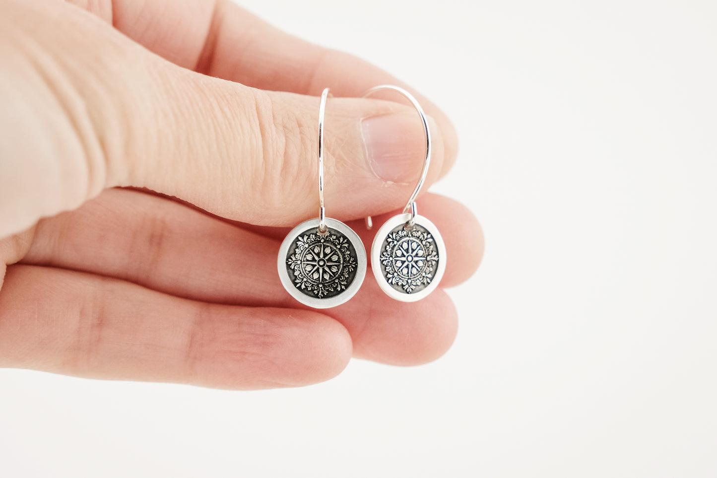 Earrings, Engraved Round Compass Earrings