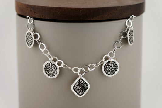 Necklace, Engraved Sterling Silver Charm Choker