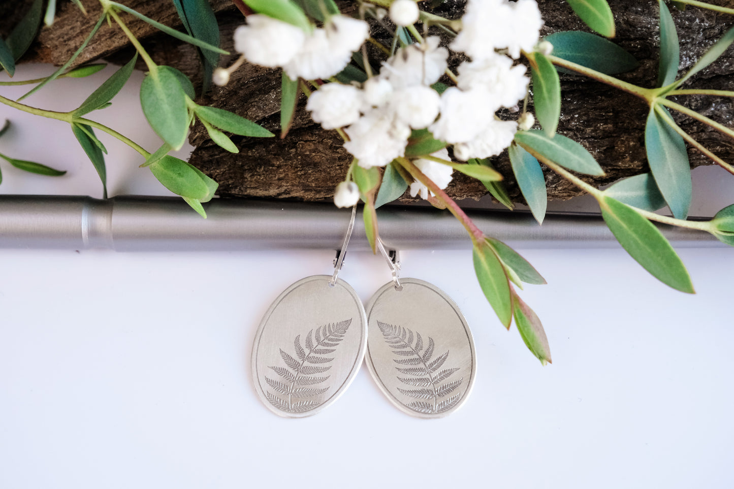 Earrings, Engraved Sterling Silver "Fern" Earrings