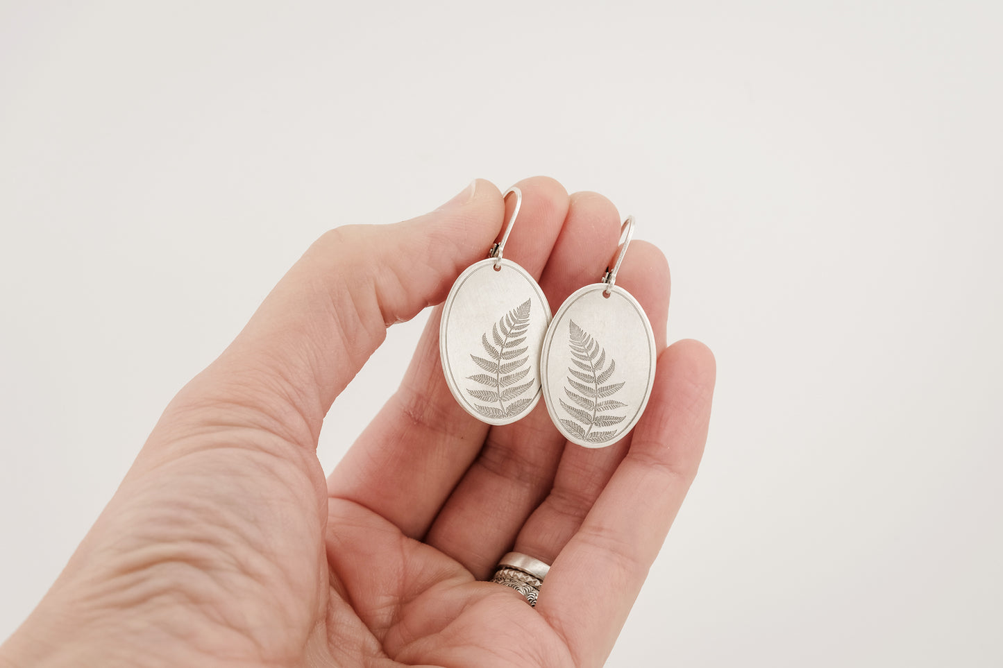 Earrings, Engraved Sterling Silver "Fern" Earrings