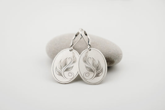 Earrings, Engraved Sterling Silver "Leaf Art 1" Earrings