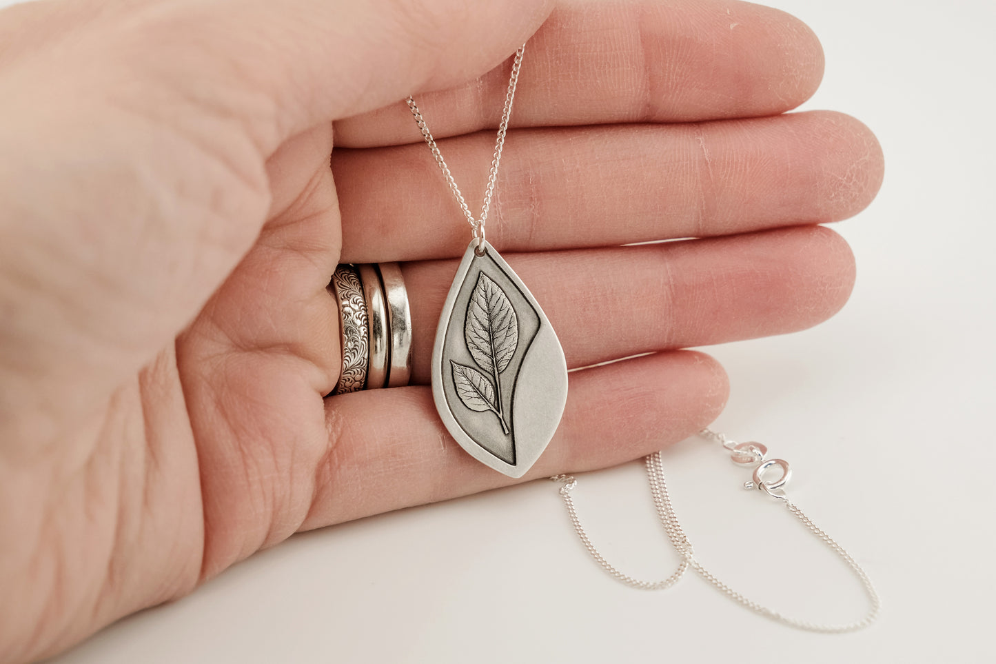 Necklace, Engraved Sterling Silver "Leaf Stem" Necklace