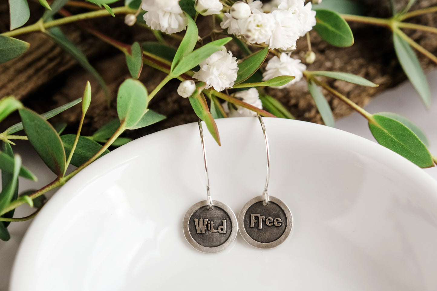 Earrings, Engraved "Wild and Free" Earrings