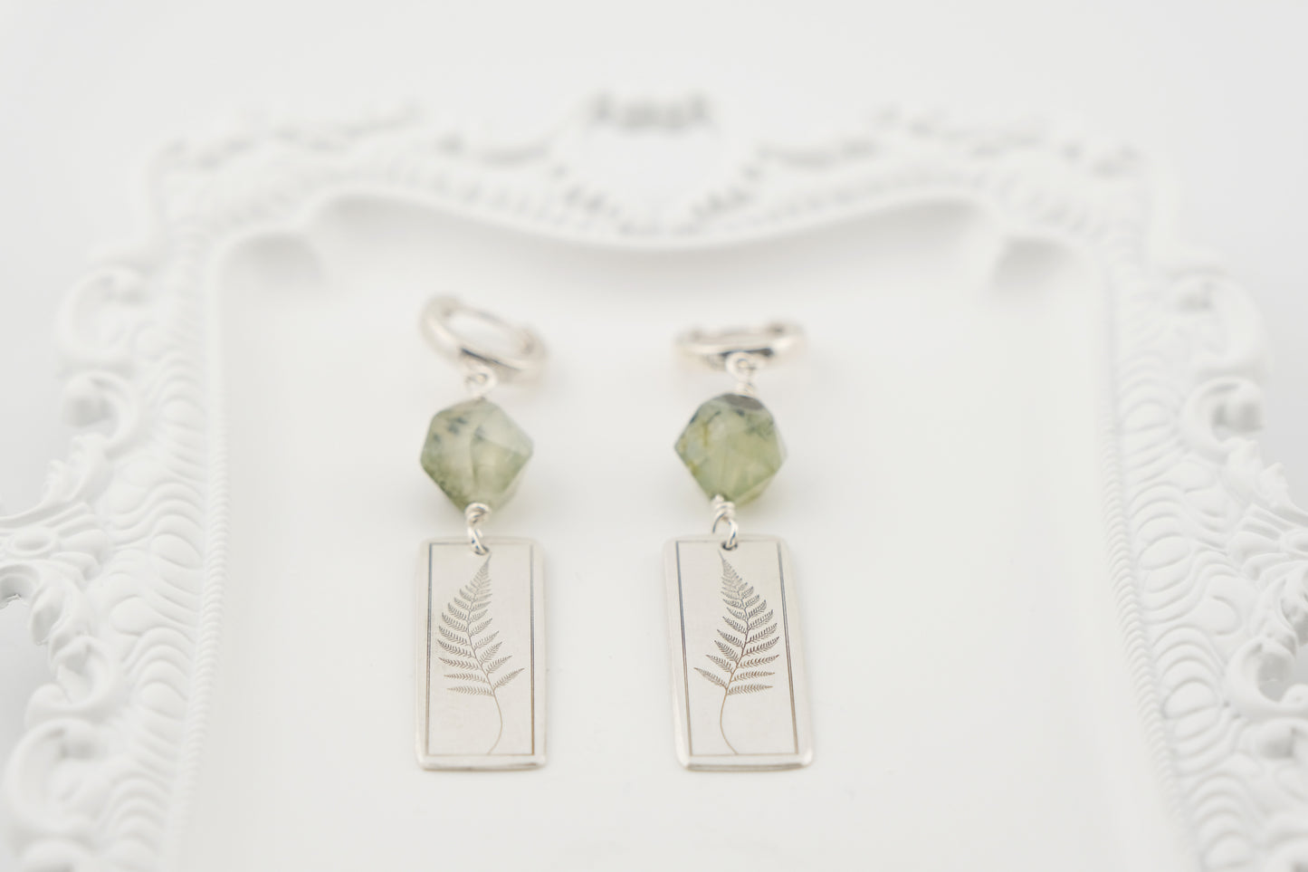 Earrings, Engraved Fern Earrings with Gemstone Beads