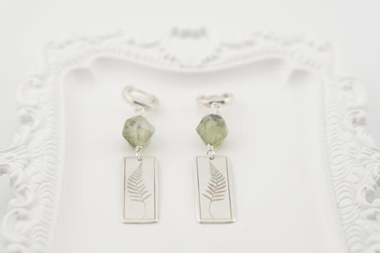 Earrings, Engraved Fern Earrings with Gemstone Beads