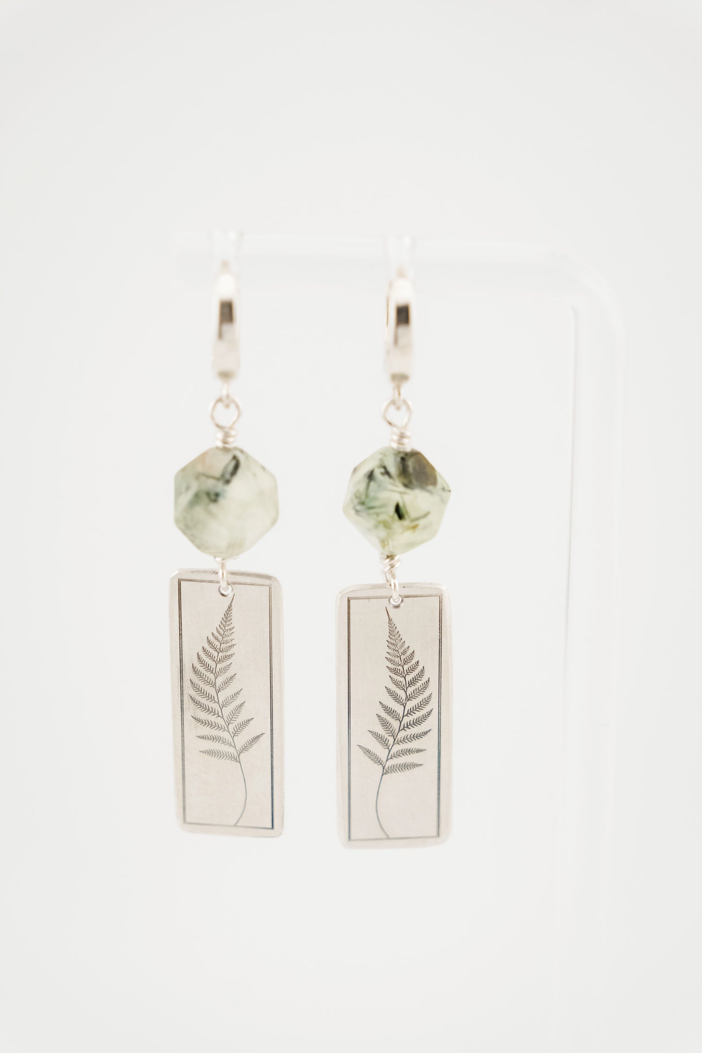 Earrings, Engraved Fern Earrings with Gemstone Beads