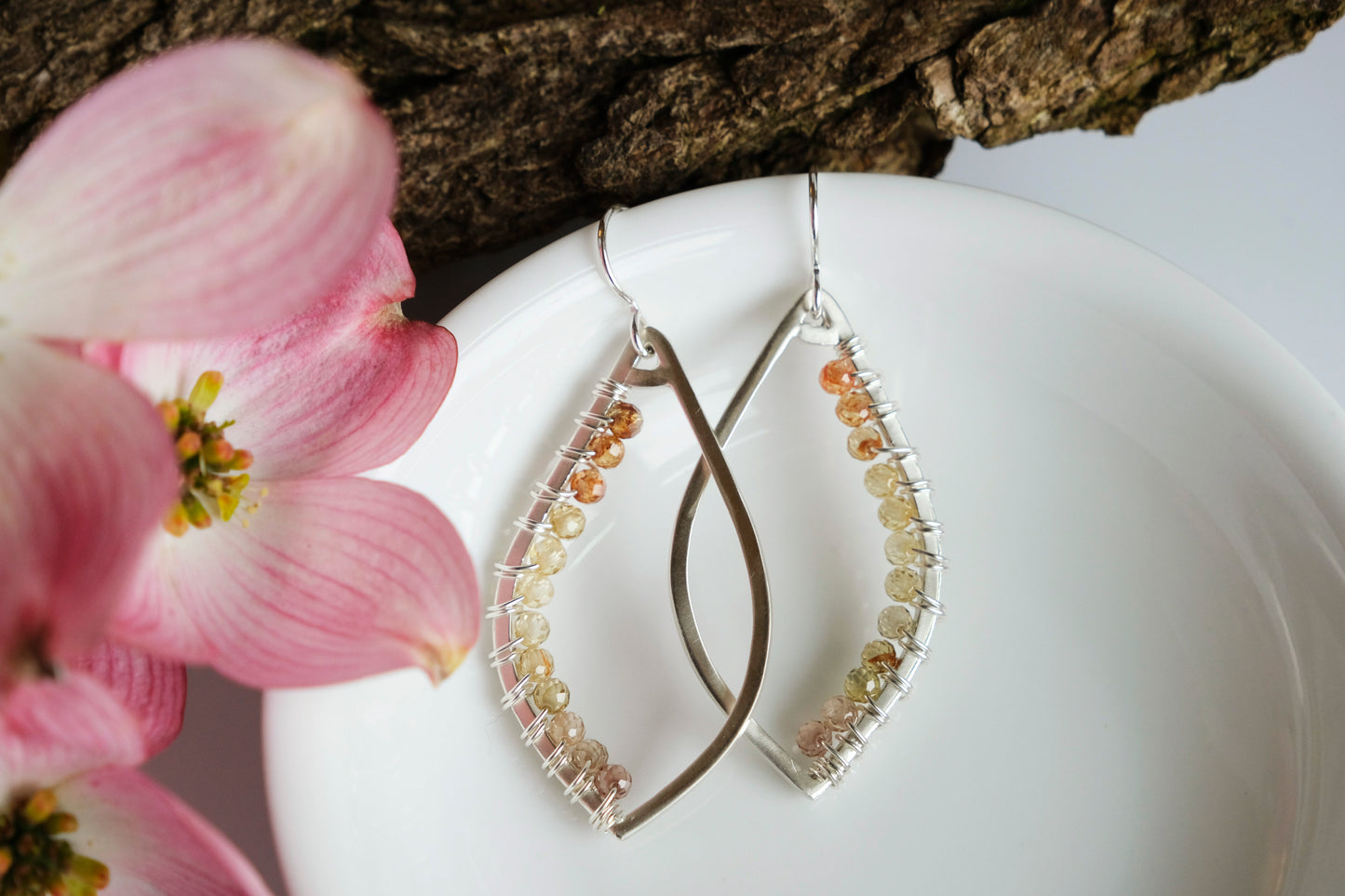 Earrings, Natural Zircon Wrapped Raindrop Earrings