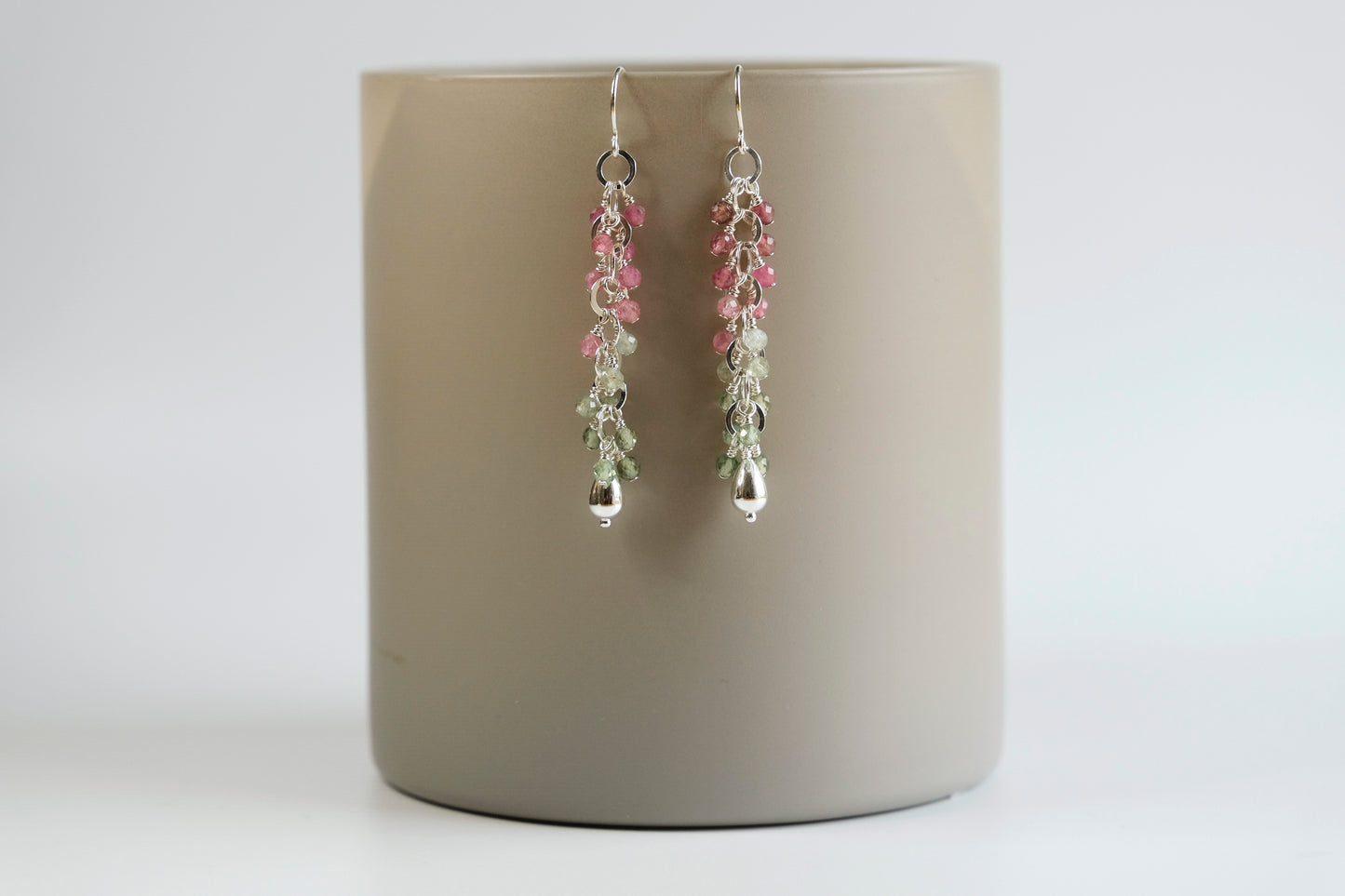 Earrings, Pink Tourmaline and Green Apatite Waterfall Dangle Earrings