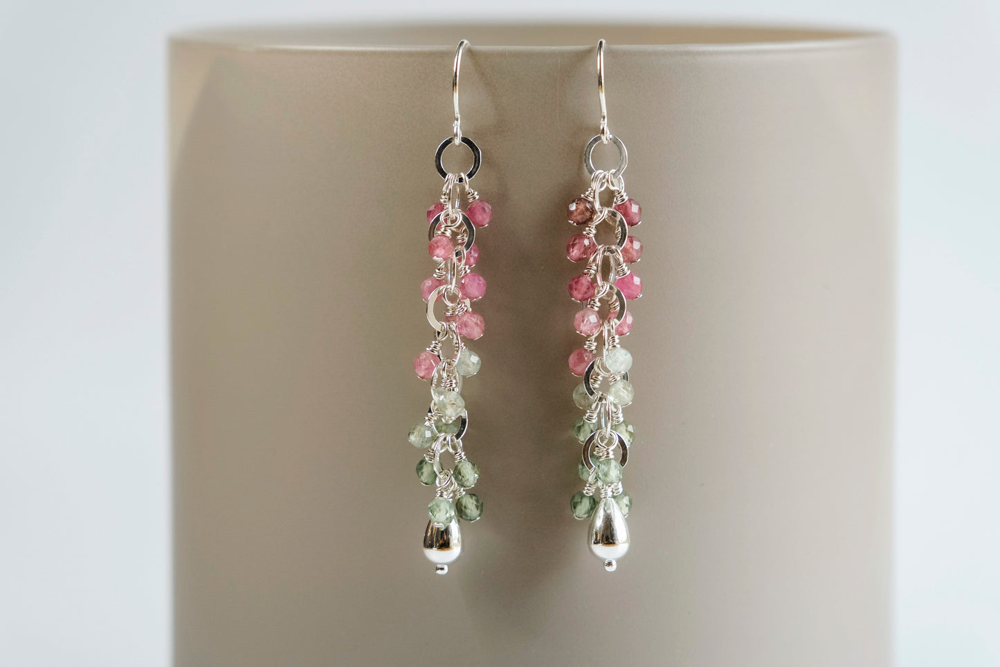 Earrings, Pink Tourmaline and Green Apatite Waterfall Dangle Earrings