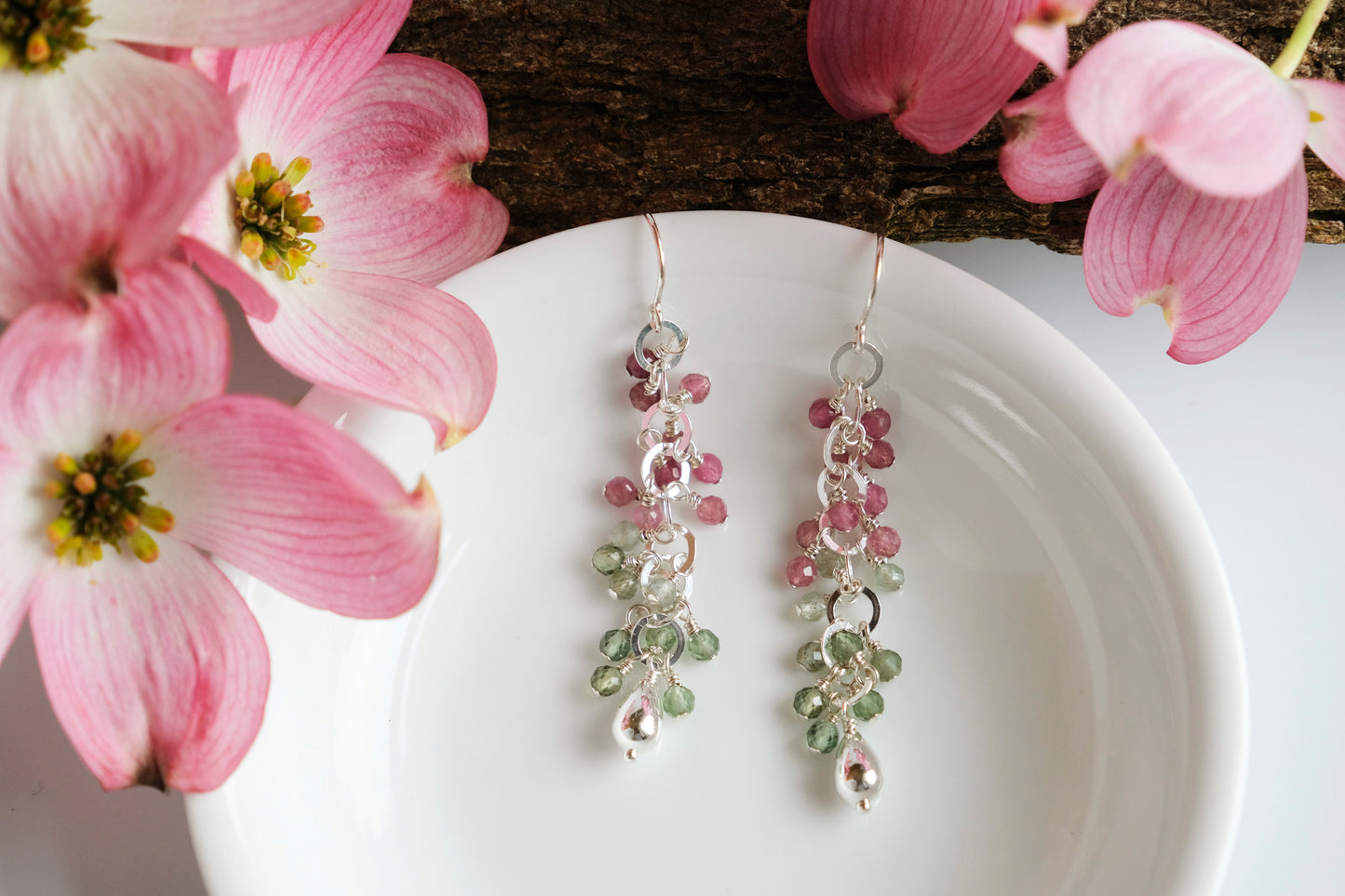 Earrings, Pink Tourmaline and Green Apatite Waterfall Dangle Earrings