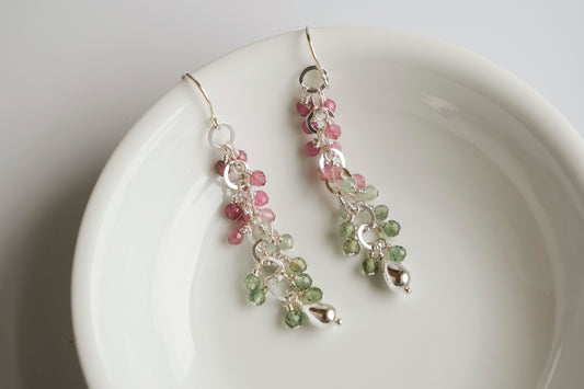Earrings, Pink Tourmaline and Green Apatite Waterfall Dangle Earrings