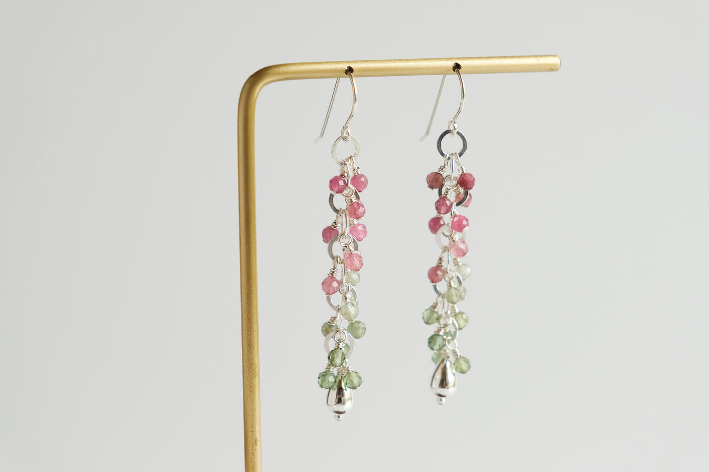 Earrings, Pink Tourmaline and Green Apatite Waterfall Dangle Earrings