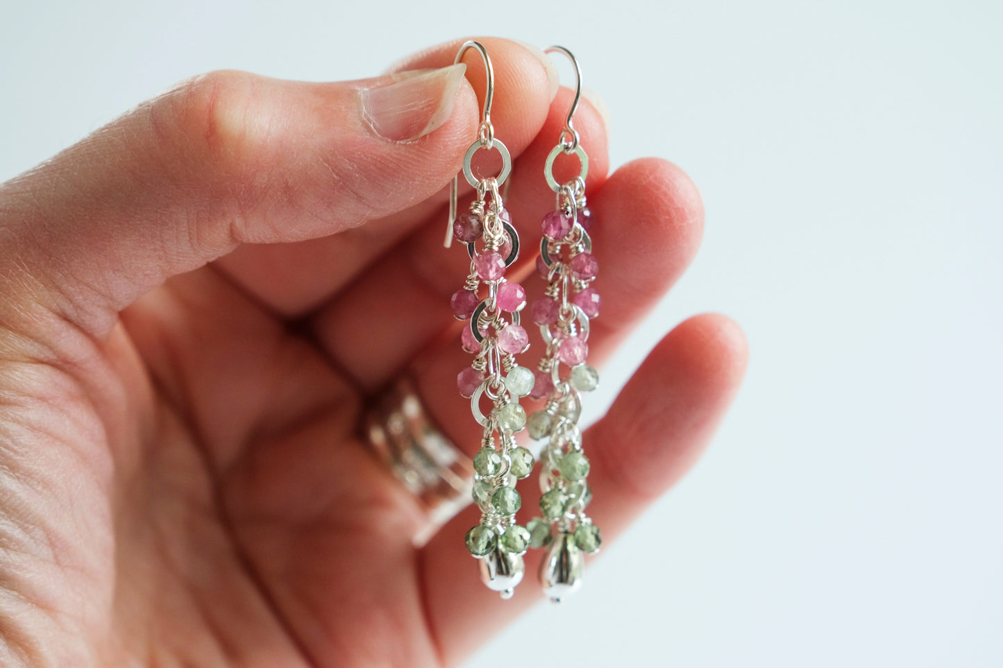 Earrings, Pink Tourmaline and Green Apatite Waterfall Dangle Earrings