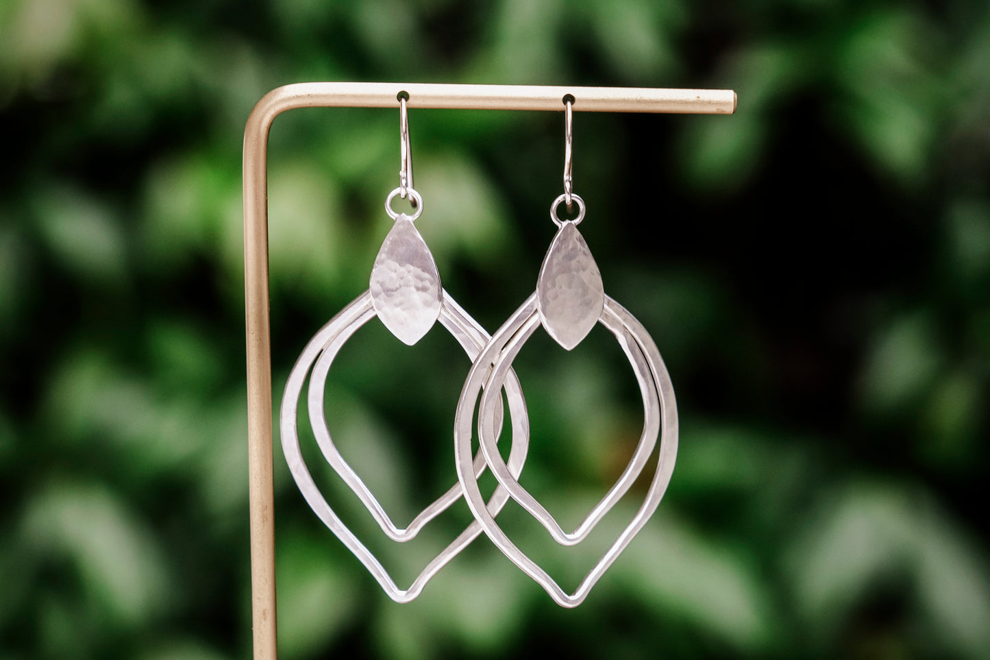 Earrings, Silver Raindrop Hammered Double Marquise Boho Earrings