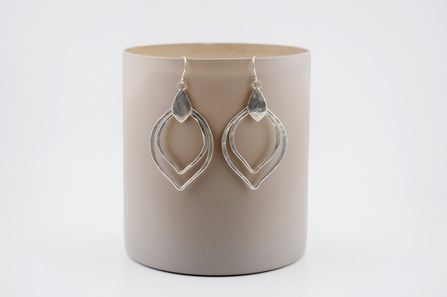 Earrings, Silver Raindrop Hammered Double Marquise Boho Earrings