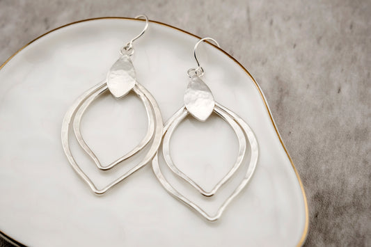 Earrings, Silver Raindrop Hammered Double Marquise Boho Earrings