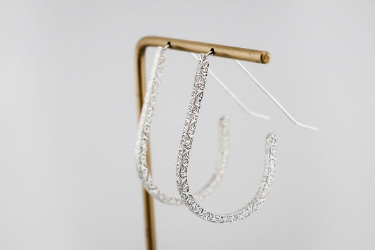 Earrings, Silver Teardrop Hoop Earrings {Sterling Silver Antiqued Floral}