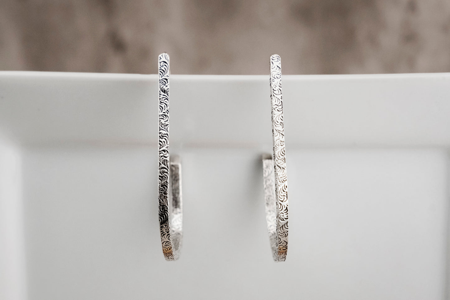Earrings, Silver Teardrop Hoop Earrings {Sterling Silver Antiqued Floral}