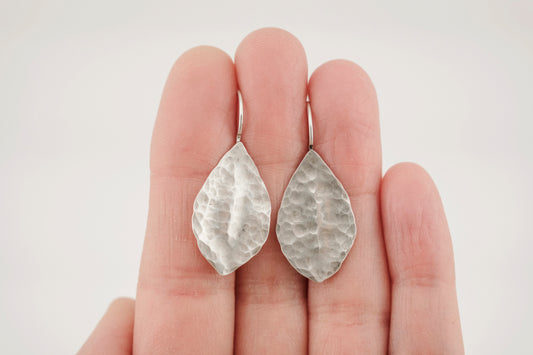 Earrings, Silver Hammer Texture Leaf Drop Earrings