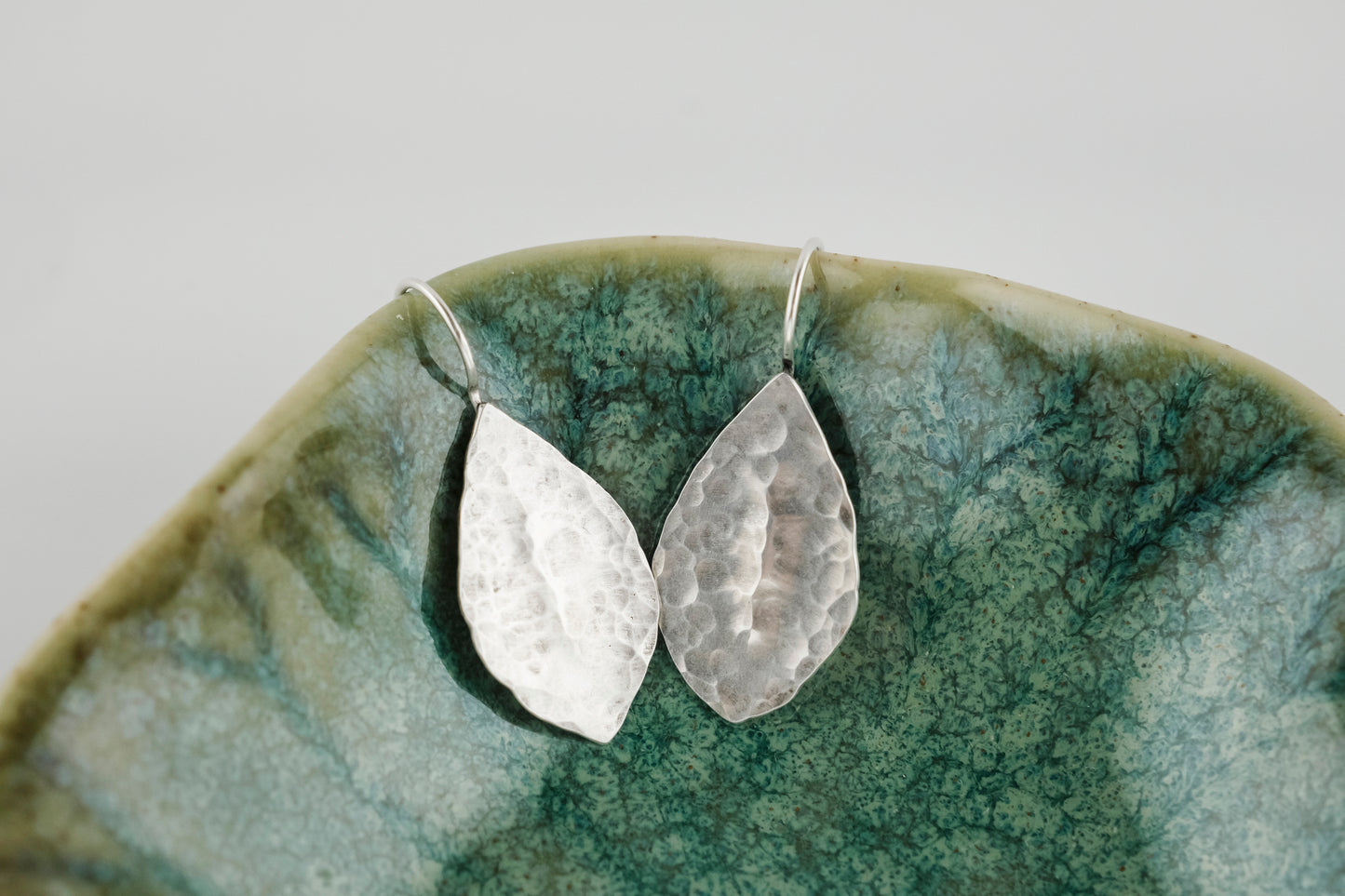 Earrings, Silver Hammer Texture Leaf Drop Earrings