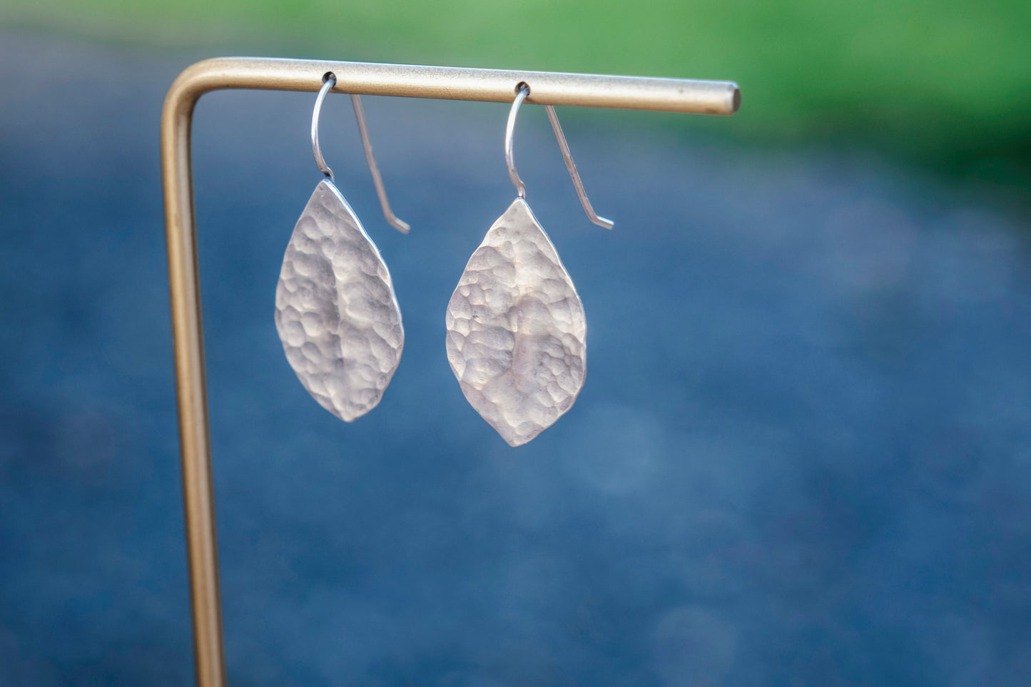 Earrings, Silver Hammer Texture Leaf Drop Earrings