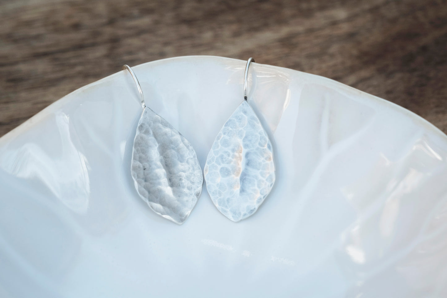 Earrings, Silver Hammer Texture Leaf Drop Earrings