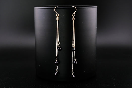 Earrings, Silver Long Dangle Statement Earrings with Onyx Crystal Beads