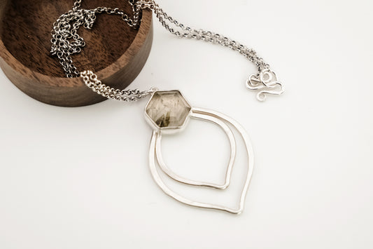 Necklace, Silver and Green Rutile Gemstone Boho Necklace