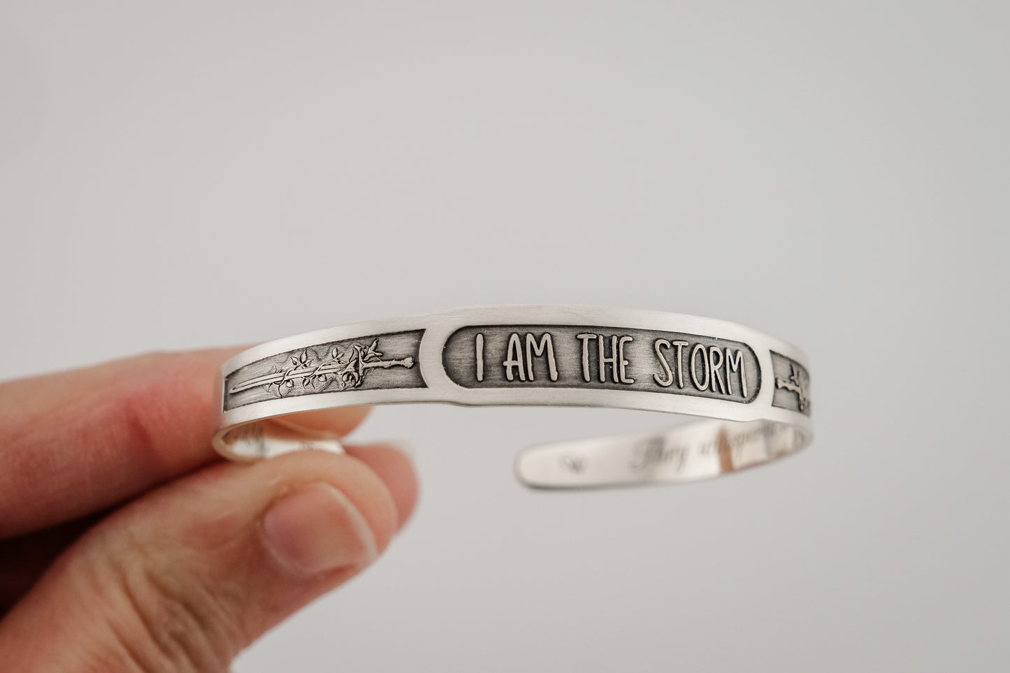 Bracelet, Sterling Engraved Cuff "I Am The Storm"