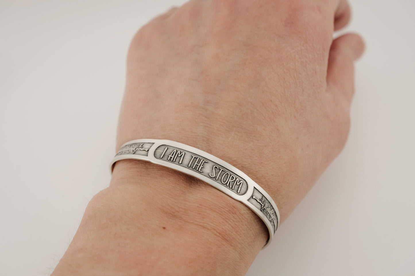 Bracelet, Sterling Engraved Cuff "I Am The Storm"