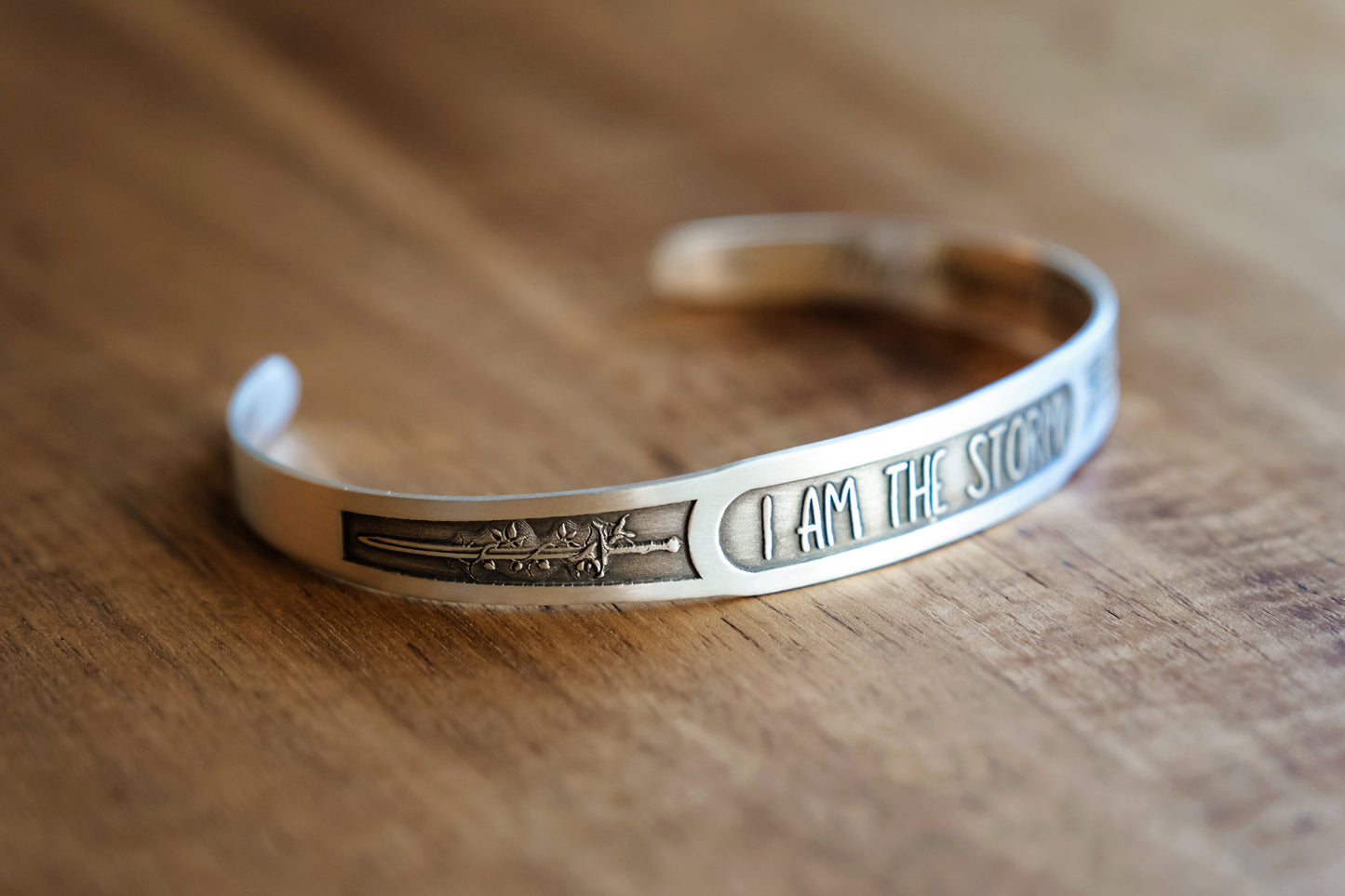 Bracelet, Sterling Engraved Cuff "I Am The Storm"