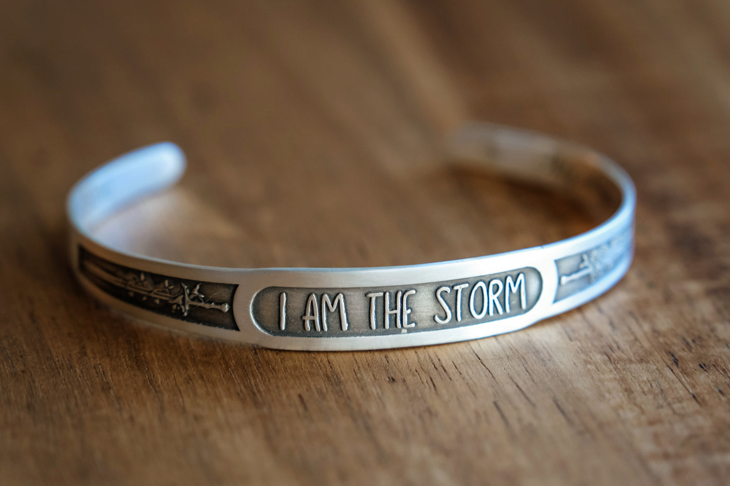 Bracelet, Sterling Engraved Cuff "I Am The Storm"