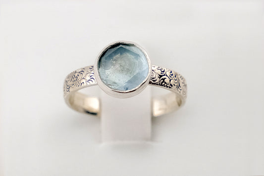 Gemstone Ring, Sterling Silver and 8mm Rose Cut Aquamarine