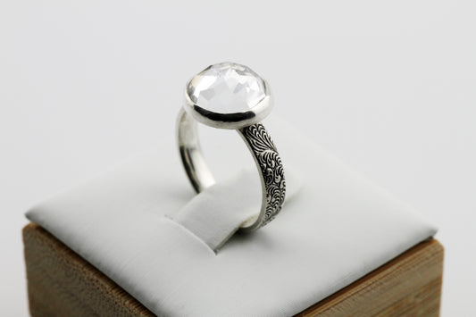 Gemstone Ring, Sterling Silver and 10mm Rose Cut White Topaz