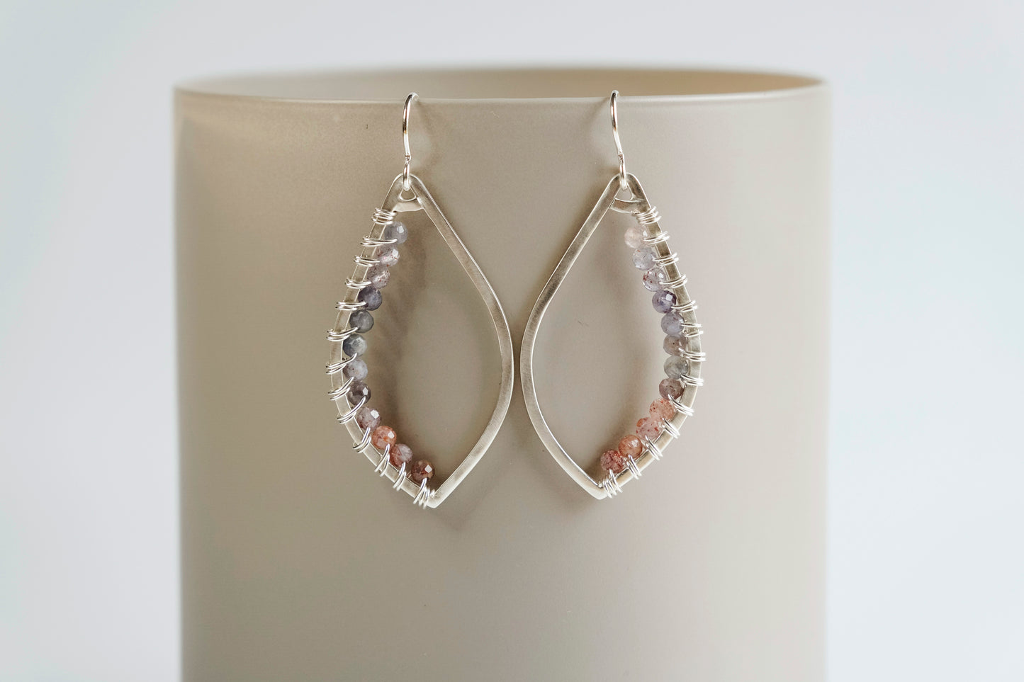 Earrings, Sunstone Iolite Wrapped Raindrop Earrings