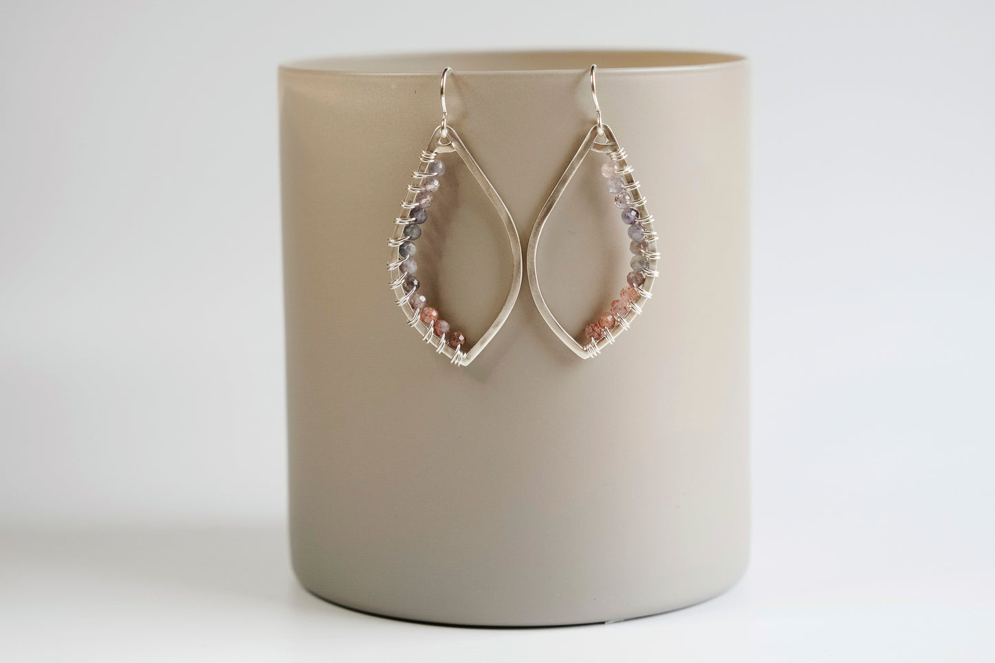 Earrings, Sunstone Iolite Wrapped Raindrop Earrings