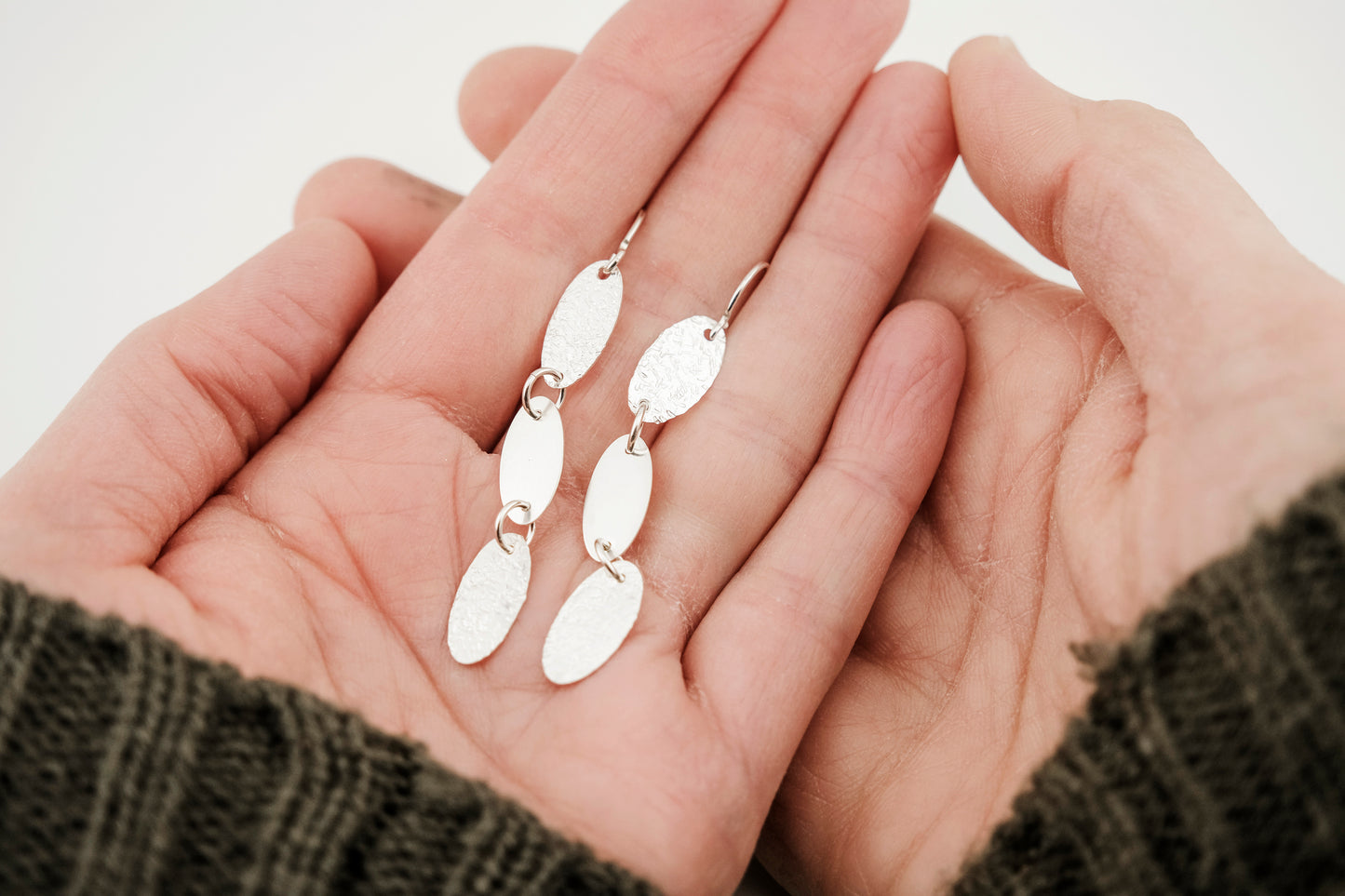 Earrings, Textured Silver Oval Dangle Earrings